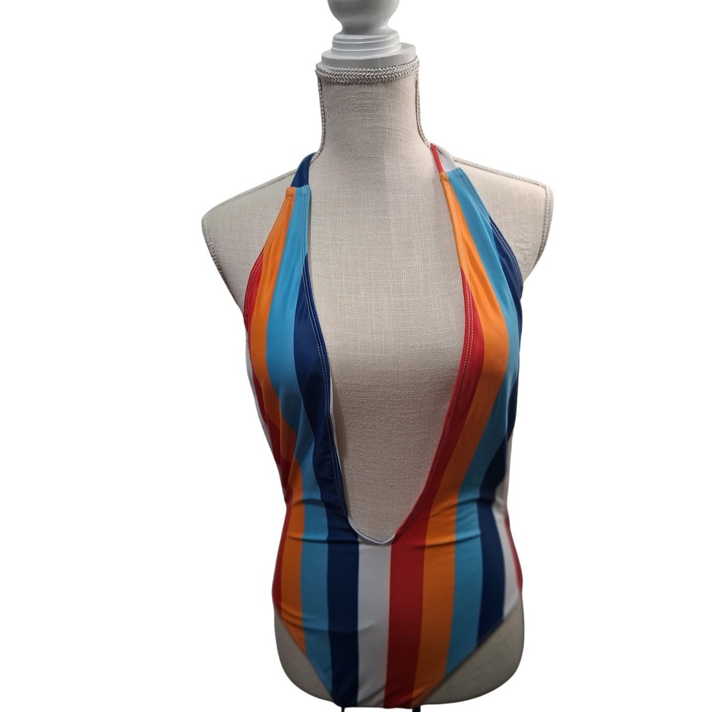 Multicolor Striped Deep V-Neck Wrap One Piece Swimsuit Halter Open Back Size S